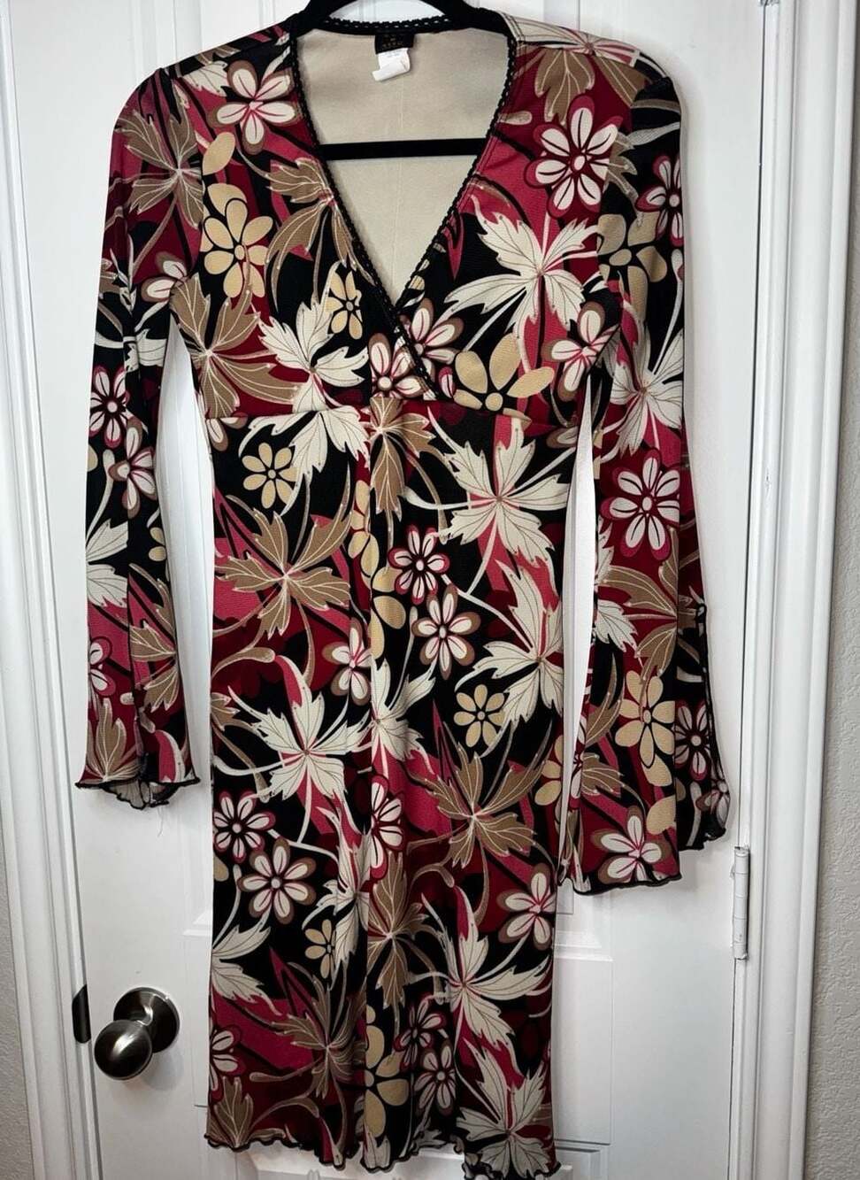 Vintage Y2K Flare Sleeve Floral Print Mesh Dress hippie festival feminine - Picture 9 of 11
